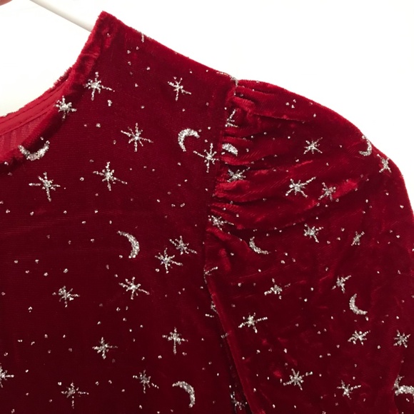 Long Sleeve Dress Girls Size 10 With Rose Bow Tie Back Red Silver Starry Night - Picture 5 of 14